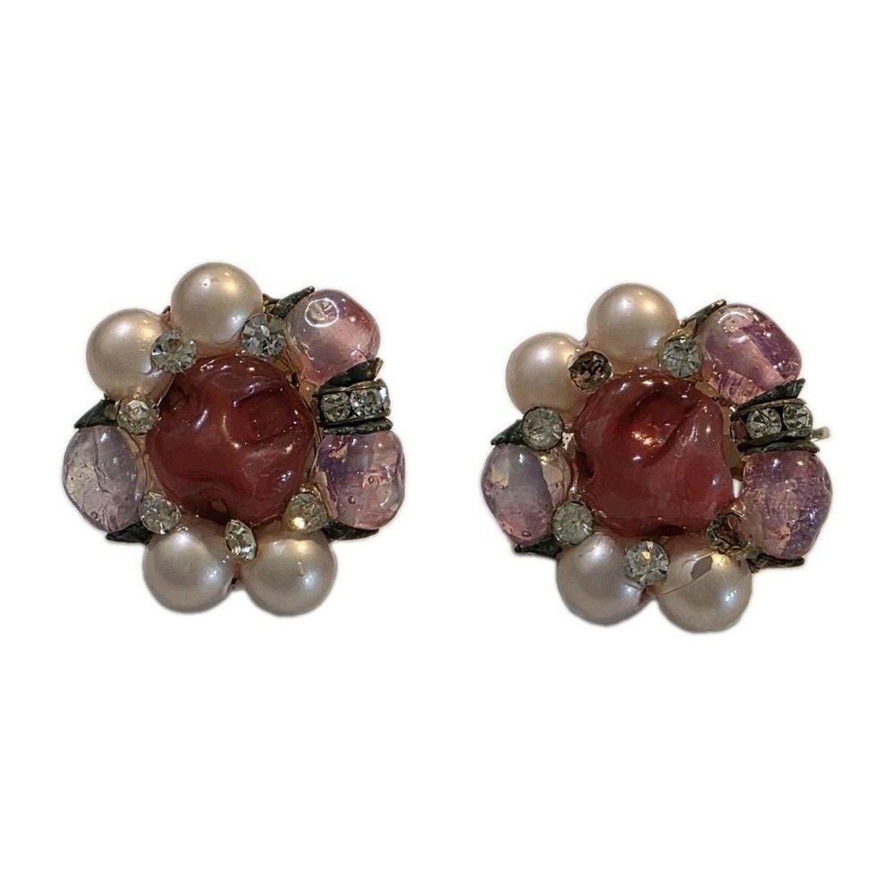 1950s Hattie Style Pink Gripoix Rose Pearl Cluster Clips AS IS 1 Stone Missing